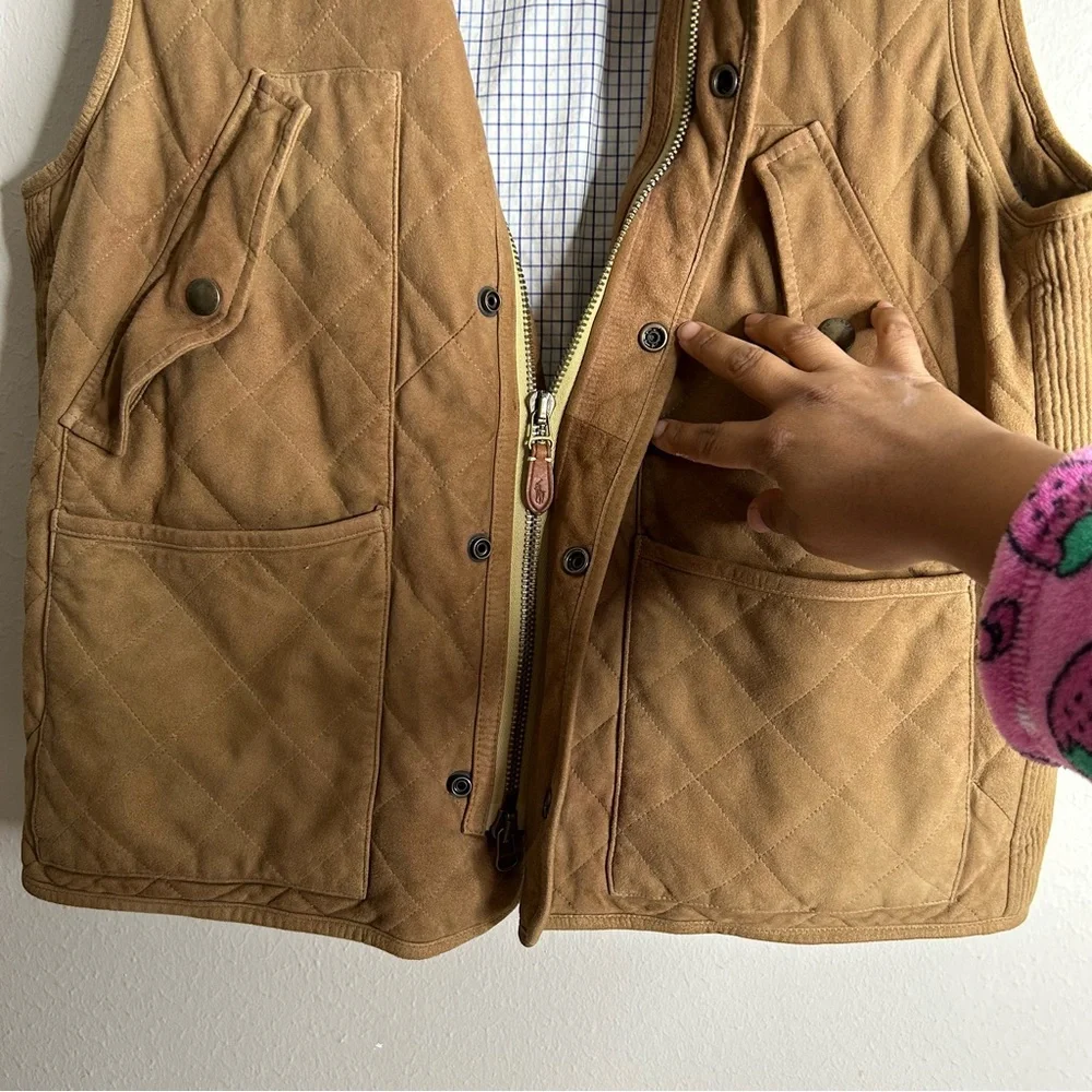Polo Ralph Lauren Racquet Club Multi Pocket‎ Leather Vest Lined Quilted Tan XL